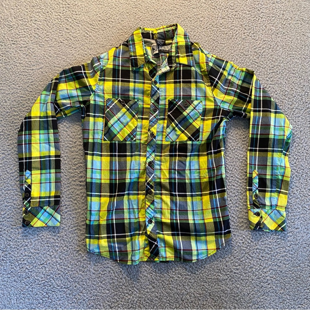 Social Collision Green/Yellow Plaid LS Button Up Shirt Men's Size Medium